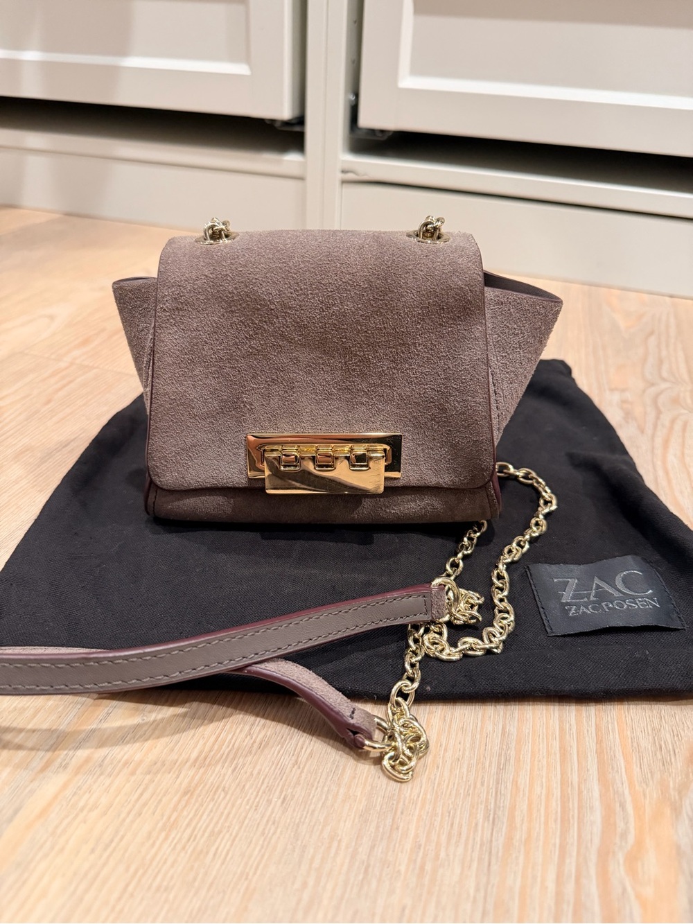 ZAC Zac Posen Taupe Suede Mini Shoulder Bag with Gold Chain